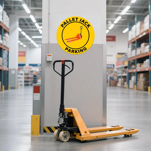 5 Pack Pallet Jack Parking Signs Self Adhesive Vinyl Floor Signs 24 By 24 Inches displayed in a warehouse with pallet jack