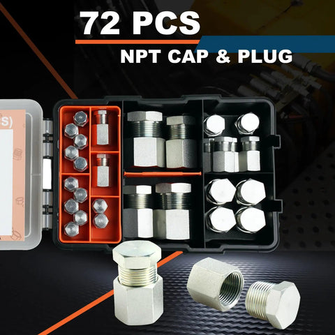 72 Piece Hydraulic Hose Cap And Plug Kit With NPT Threads, Pro Grade Heavy Duty Steel Flare Fittings, Precision Thread Caps And Plugs, Dash Sizes 2 4 6 8 12 16, Complete Seal Adapter Set in organizer case