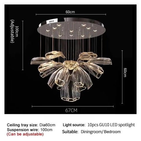 Luxury Creative Crystal LED Chandelier Glass Pendant Light Fixture with adjustable height for dining and living room settings.