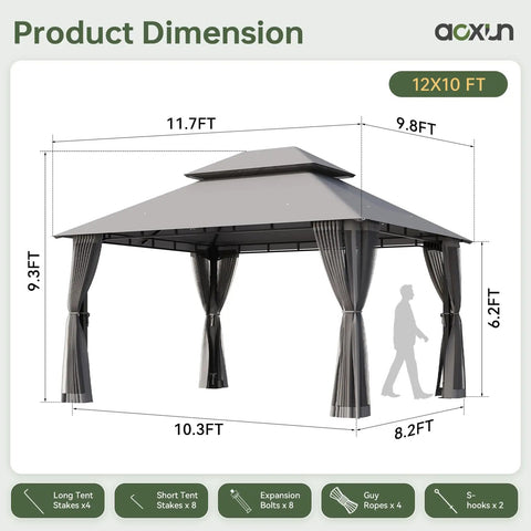 12 By 10 Foot Gazebo With Double Roof And Mosquito Netting For Outdoor Parties Heavy Duty Backyard Patio Tent Gray