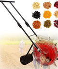 Precision Garden Seeder With 6 Seed Plates And Fertilizer Spreader, red adjustable tool with seed varieties displayed