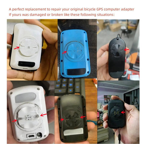 Collage showing damaged GPS mounts to replace with the Replacement Back Cover Swivel Bracket Kit for Edge 500 530 1050.