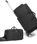 Rolling garment bag on wheels with extendable handle; black carry-on luggage with shoe compartment and shoe bag