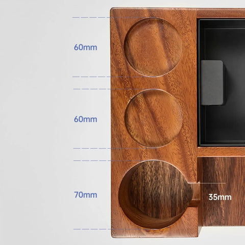 Close-up of solid wood espresso tamper holder combo with measurements for integrated knock box and grounds bin for 58mm portafilters.