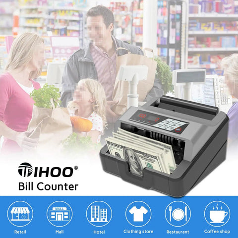Portable Money Counter With UV And MG Counterfeit Detection in use at grocery checkout, counting dollar bills, black and gray.