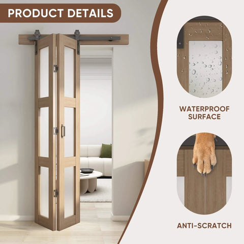 Bifold Glass Barn Door Kit 36 Inch With Hardware Included, dope three-panel glass slab, solid wood core, frosted glass, installed view