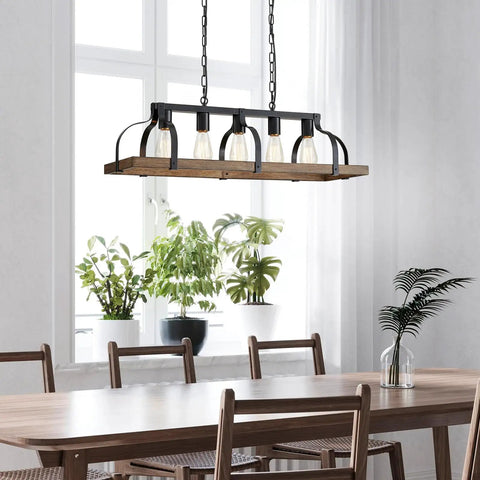 Dining room with Five Light Metal Chandelier With Imitation Wood Grain Finish, rustic farmhouse style over table.