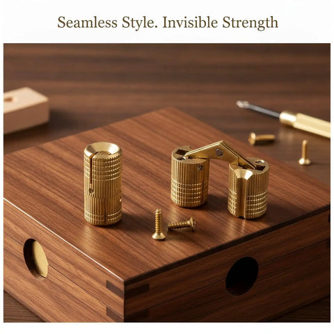 Gold Zinc Alloy Concealed Barrel Hinge For Jewelry Boxes And Cabinets, Invisible Pivot Hardware displayed on wood surface.