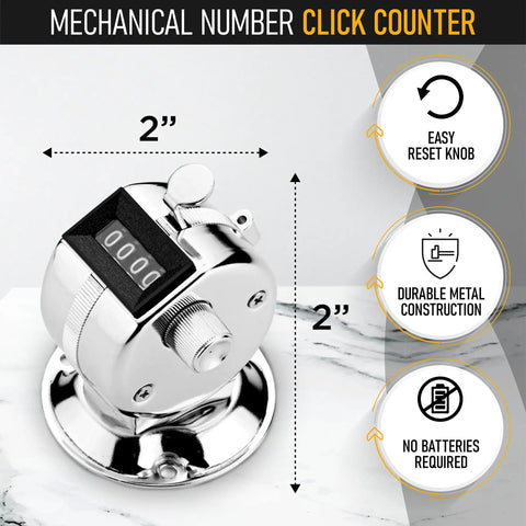 Works Like A Charm Desk Tally Counter With Rugged Metal Base Mechanical Clicker, 2 inch size, easy reset knob and durable construction.