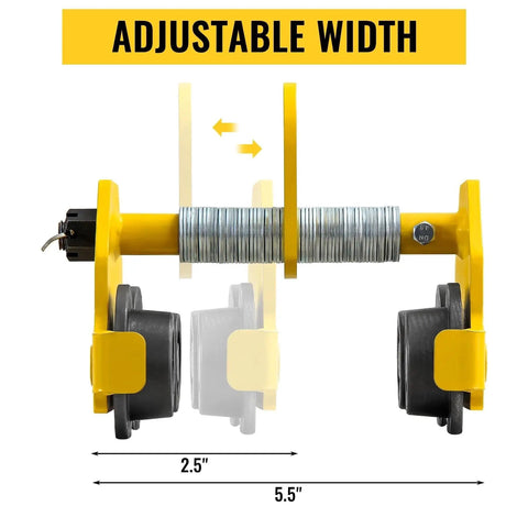 Beefy Heavy Duty Beam Trolley Hoist For 3 Ton Load Capacity Up To 6600 Lbs With Dual Track Rollers And Adjustable 2.5 To 5 Inch Flange For I Beam Steel Lifting And Precise Manual Or Electric Positioning. adjustable width 2.5 to 5.5 in beam trolley