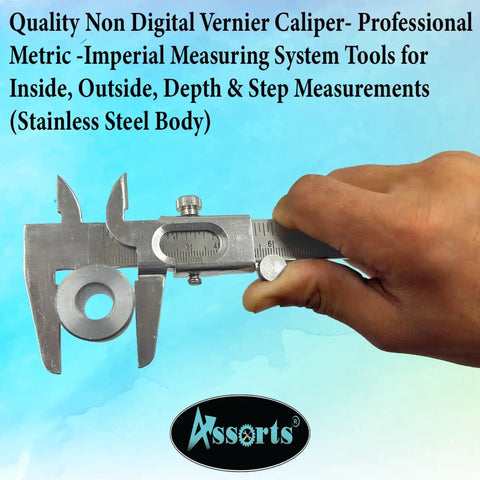 Hand holding Non Digital Vernier Caliper For Pros For Precision Metric And Imperial Measuring Inside Outside Depth Stainless Steel