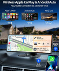 In-car 11.5 Inch Wireless Apple CarPlay Screen with Android Auto displaying navigation map on a sunny dash, showing icons and features.
