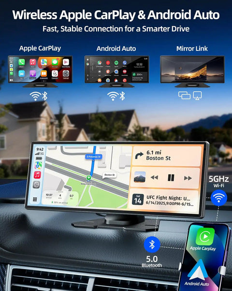 In-car 11.5 Inch Wireless Apple CarPlay Screen with Android Auto displaying navigation map on a sunny dash, showing icons and features.