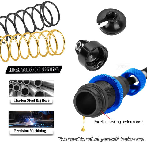 Beefed Up Big Bore Aluminum RC Shocks Upgrade Kit components with springs and sealing detail for 1/16 Mini Maxx trucks