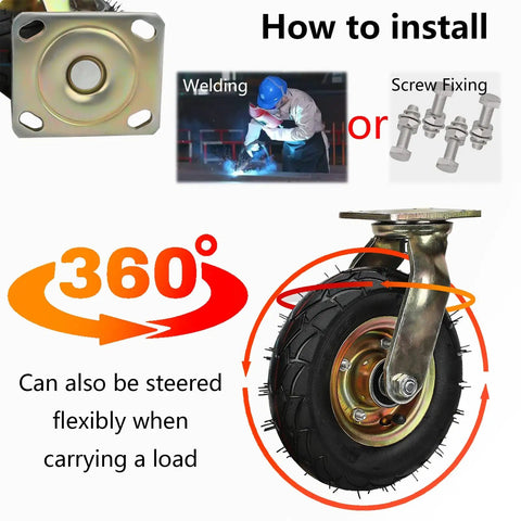 Premium Set Of Four 8 And 10 Inch Heavy Duty Rubber Swivel Caster Wheels with installation tips and 360° rotation feature.