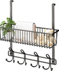 Over The Door Hooks Organizer With Basket And 12 Coat Hooks Grab And Go Door Hanger Storage Rack for Bathroom Kitchen Bedroom Office Apartment Entryway and Closet Black Finish showing basket with plants, towel, and toy.