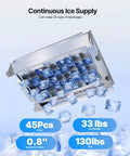 Party Ready Ice Maker For Home Bar Or Restaurant, Up To 130 Lbs Per Day With 33 Lbs Storage, 45 Cubes Per Cycle, stainless steel ice tray