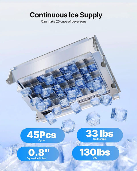 Party Ready Ice Maker For Home Bar Or Restaurant, Up To 130 Lbs Per Day With 33 Lbs Storage, 45 Cubes Per Cycle, stainless steel ice tray