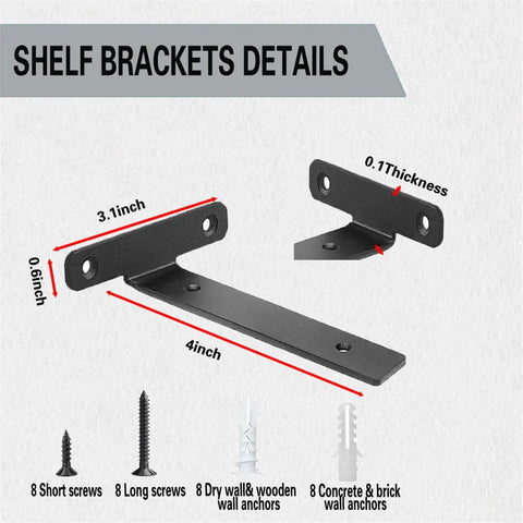 Detailed view of 4 Pack Heavy Duty Floating Shelf Brackets Four Inch Black Metal L Brackets, sizes and thickness highlighted.
