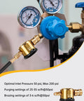 Close-up of HVAC Nitrogen Purge Tool and Regulator Kit for Air Conditioning Maintenance, showing gauges and yellow finish.