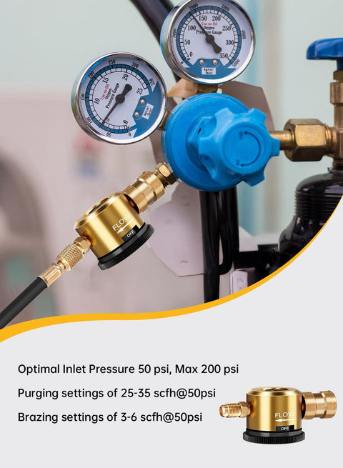 Close-up of HVAC Nitrogen Purge Tool and Regulator Kit for Air Conditioning Maintenance, showing gauges and yellow finish.