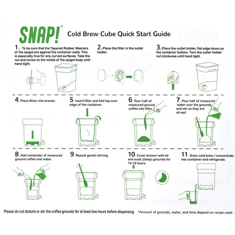 Quick start guide for 5 Gallon Commercial Cold Brew System For Home Office Or Small Cafe That Lets You Brew Big Batches For A Week Or More Plus No Mess Spigot And Food Grade Materials With A Handy Recipe Guide Included.