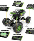 Diagram of All Terrain RC Monster Truck For Kids With Upgraded Lifting Function 2.4GHz Four Wheel Drive Remote Control Car Toy Gift Delivers About 20 Kilometers Per Hour Speed LED Lights Big Anti Slip Wheels Green, showing features like front bumper, tool-free shell, ABS+UV materials.