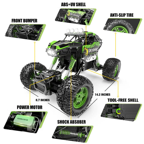 Diagram of All Terrain RC Monster Truck For Kids With Upgraded Lifting Function 2.4GHz Four Wheel Drive Remote Control Car Toy Gift Delivers About 20 Kilometers Per Hour Speed LED Lights Big Anti Slip Wheels Green, showing features like front bumper, tool-free shell, ABS+UV materials.