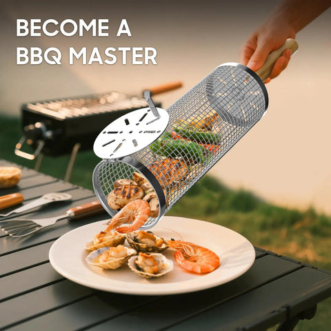 Rolling Grill Basket Set Of 2 With Removable Wooden Handle 304 Stainless Steel Rotating Mesh Baskets for veggies, shrimp, fish