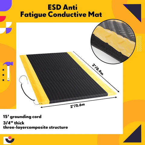 Ergonomic Anti Fatigue Floor Mat Two By Three Foot ESD Conductive Pad With Ground Wire Heavy Duty Standing Mat, black with yellow border.