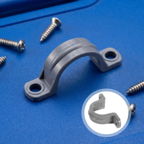 Killer Grip 20 Pack PVC Pipe Clamps Half Inch Conduit Straps grey strap with screws for indoor wiring and cable routing.