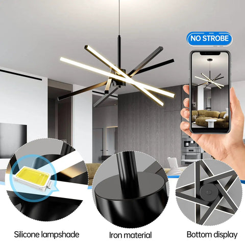 Sputnik Style LED Black Chandelier Pendant Light 82W With Remote Dimming Dope Modern Ceiling Fixture in a modern living room setting.