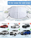 Magnetic Windshield Snow And Ice Cover With Side Mirror Hooks, 65x49 in, for Large SUVs Trucks MPVs, shown fit on vehicles, silver.