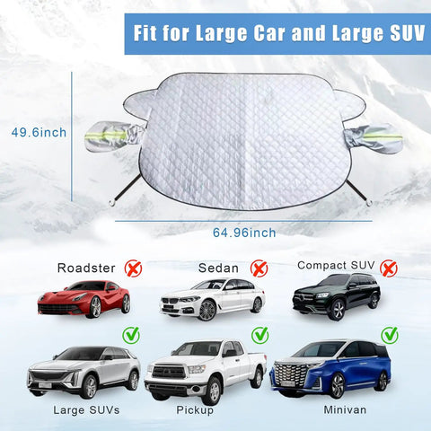 Magnetic Windshield Snow And Ice Cover With Side Mirror Hooks, 65x49 in, for Large SUVs Trucks MPVs, shown fit on vehicles, silver.
