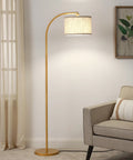 Black Arched Floor Lamp With Linen Drum Shade Tall Industrial Standing Lamp For Living Room Bedroom Or Office Adjustable Reading Light Minimalist Farmhouse Style For Cozy Modern Vibe in room setting