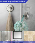 2-Pack Suction Cup Hooks for Shower and Bathroom, no drilling towel holder on glass surface, showing hook holding loofah and towel, nickel finish