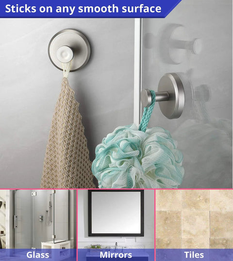 2-Pack Suction Cup Hooks for Shower and Bathroom, no drilling towel holder on glass surface, showing hook holding loofah and towel, nickel finish