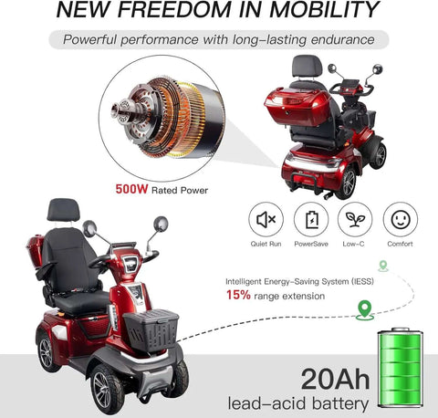 Heavy Duty Mobility Scooter For Seniors With 450 Lb Capacity, 500W Motor, 12 MPH Top Speed, 25 To 37 Mile Range, USB Charging Port