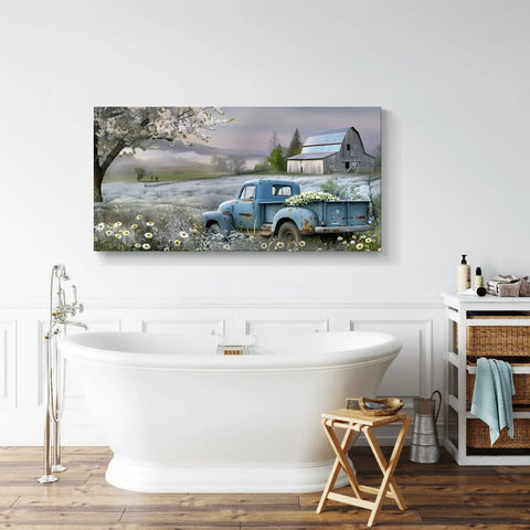 Farmhouse Canvas Wall Art Blue Vintage Pickup Truck With Blooms Over Rustic Barn Scene, 58x28 inches for cozy decor