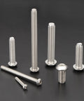 Rock Solid Top Shelf 100 Pack M3 X 0.5mm Pitch 10mm Length 304 Stainless Steel Button Head Socket Cap Screws displayed on black background.