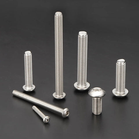Rock Solid Top Shelf 100 Pack M3 X 0.5mm Pitch 10mm Length 304 Stainless Steel Button Head Socket Cap Screws displayed on black background.