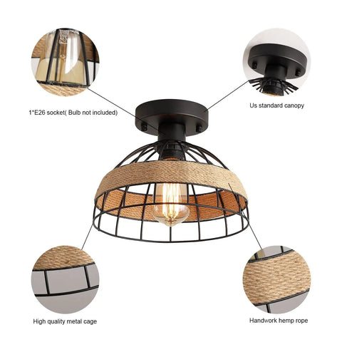 Two Pack Black Industrial Woven Dome Ceiling Light Fixtures With Rattan Shade For Porch Hallway Bedroom Kitchen Farmhouse Style Semi Flush Mount Lighting, Dope Modern Rustic Decor