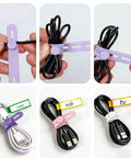 Ultimate 76 Piece Cable Organizer Set with silicone ties and write-on labels, shown securing various cables neatly