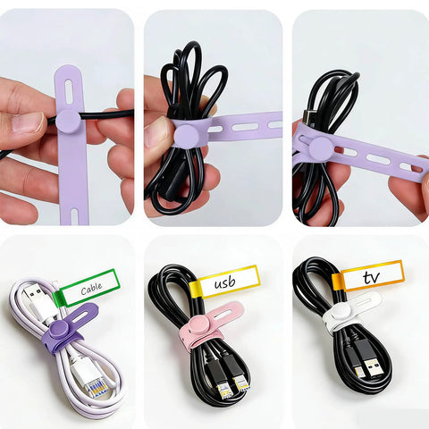 Ultimate 76 Piece Cable Organizer Set with silicone ties and write-on labels, shown securing various cables neatly