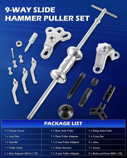 9-Way Internal And External Slide Hammer Puller Set With 5-Lb Hammer For Hubs, Rear Axles, Bearings, Bushings And Seals