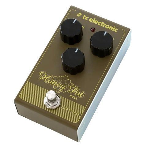 Honey Pot Fuzz Pedal With Vintage Flavor Delivers A Massive Tone Wall And Long Sustain, compact metal chassis, top view
