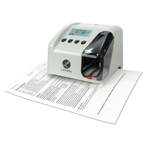 Plug And Play Digital Timestamp Maker That Prints One Or Two Lines On The Fly And Adjusts Four Custom Data Sets For Fast Payroll Processing Or Quick Document Tracking In Cool Gray on a document.
