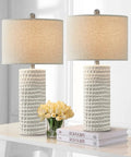 Modern 24.5 Inch Ceramic Table Lamp Set Of 2 With White Shades Farmhouse End Table Lamps For Living Room Bedroom Dorm Office Or Study Vibe Cozy Nightstand Lights, displayed on a white table with books and flowers.