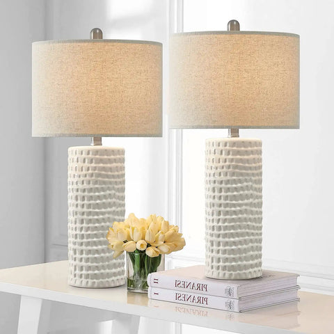 Modern 24.5 Inch Ceramic Table Lamp Set Of 2 With White Shades Farmhouse End Table Lamps For Living Room Bedroom Dorm Office Or Study Vibe Cozy Nightstand Lights, displayed on a white table with books and flowers.