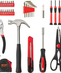 Versatile 39 Piece Tool Set For Home And DIY Needs With Red Storage Case showing hammer, pliers, screwdrivers, and measuring tape